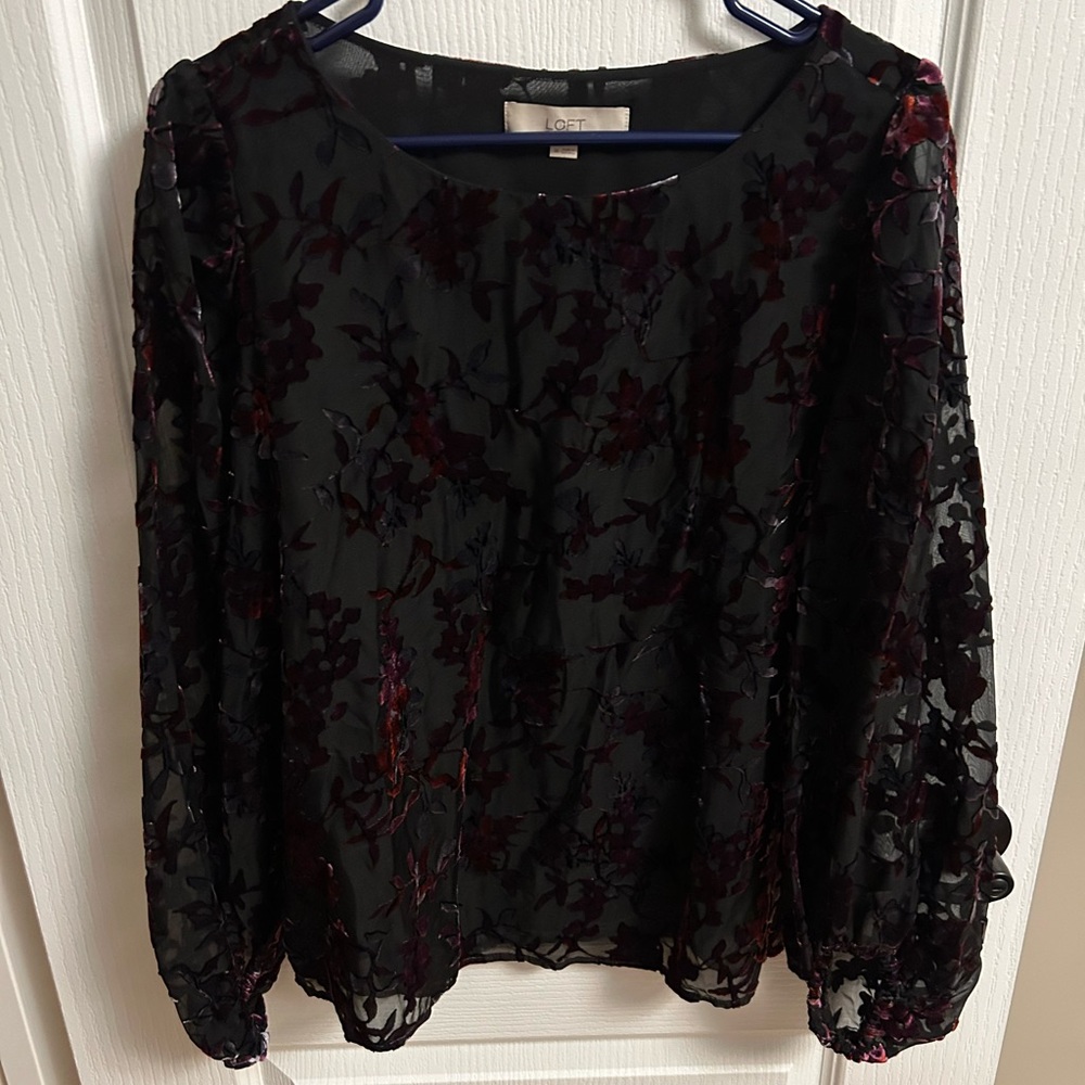 LOFT Black and Red Floral Velvet Blouse